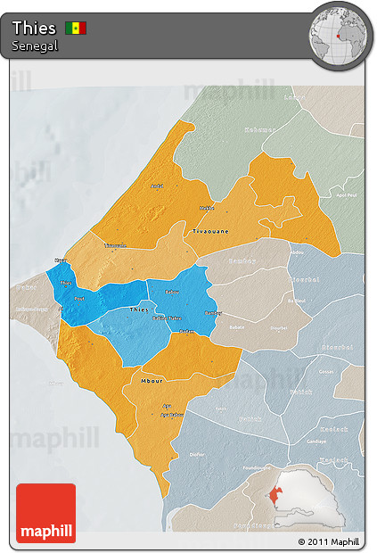 Political 3D Map of Thies, lighten, semi-desaturated