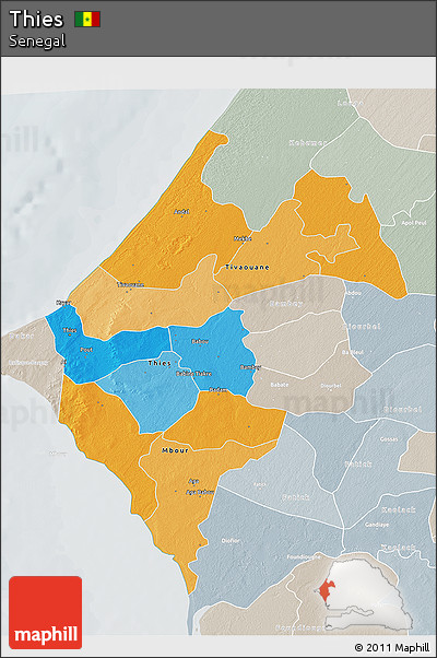 Political 3D Map of Thies, lighten, semi-desaturated