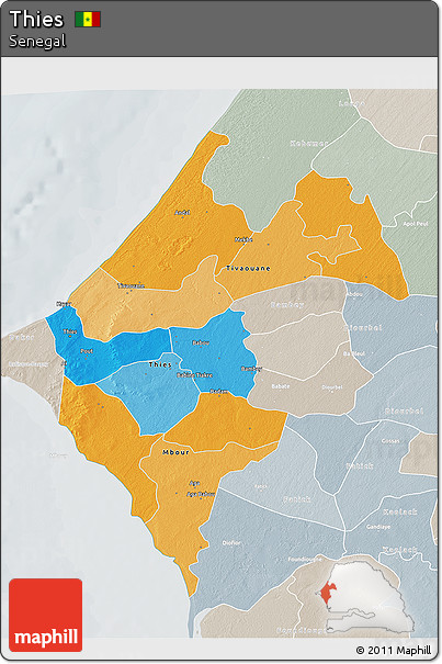 Political 3D Map of Thies, lighten, semi-desaturated