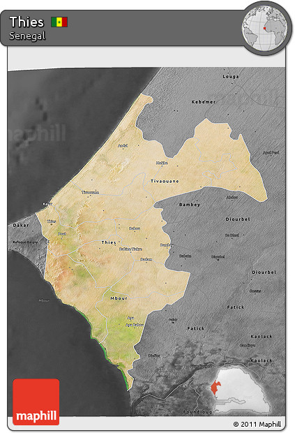 Satellite 3D Map of Thies, darken, desaturated