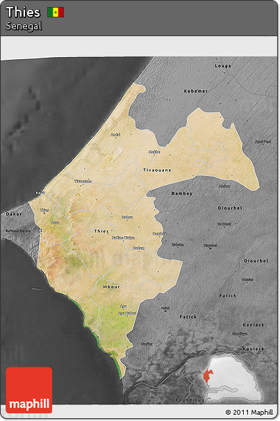 Satellite 3D Map of Thies, darken, desaturated