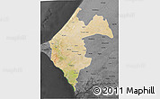 Satellite 3D Map of Thies, darken, desaturated
