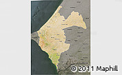 Satellite 3D Map of Thies, darken, semi-desaturated
