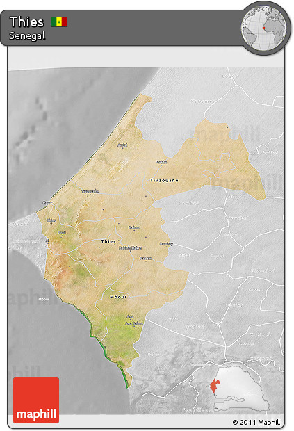 Satellite 3D Map of Thies, lighten, desaturated