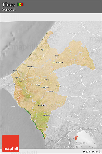 Satellite 3D Map of Thies, lighten, desaturated