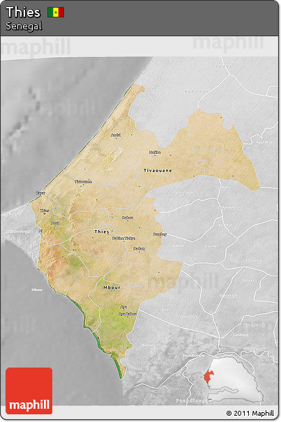 Satellite 3D Map of Thies, lighten, desaturated