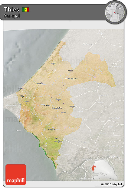 Satellite 3D Map of Thies, lighten, semi-desaturated