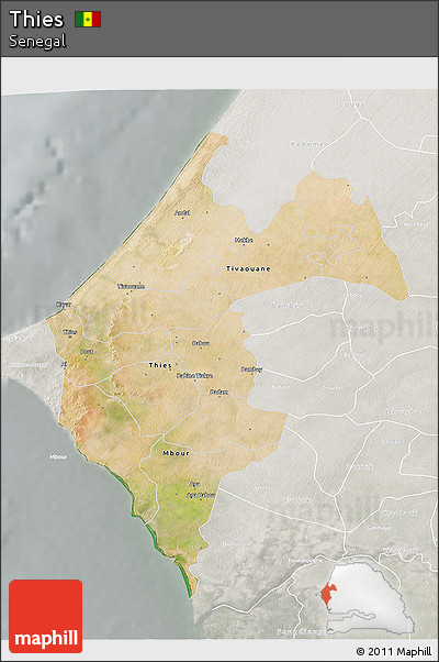 Satellite 3D Map of Thies, lighten, semi-desaturated