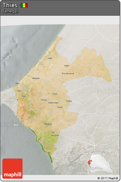 Satellite 3D Map of Thies, lighten, semi-desaturated