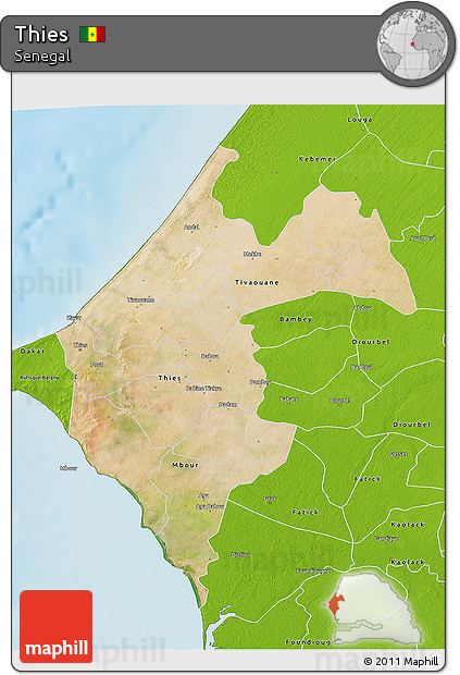 Satellite 3D Map of Thies, physical outside