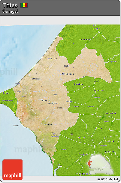 Satellite 3D Map of Thies, physical outside