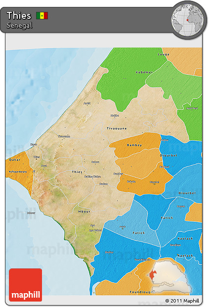 Satellite 3D Map of Thies, political outside