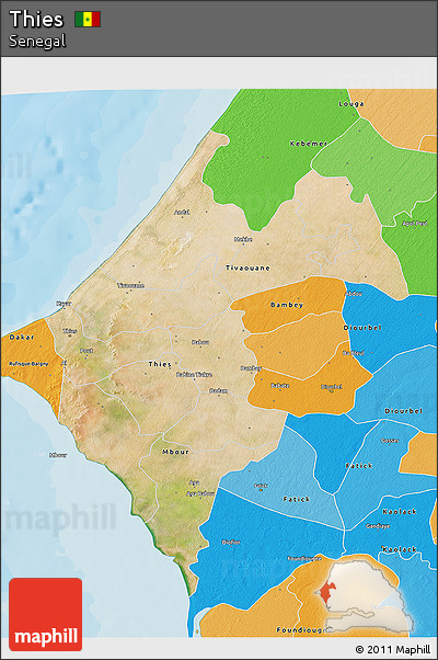 Satellite 3D Map of Thies, political outside