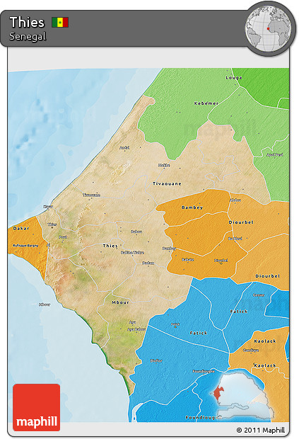 Satellite 3D Map of Thies, political shades outside