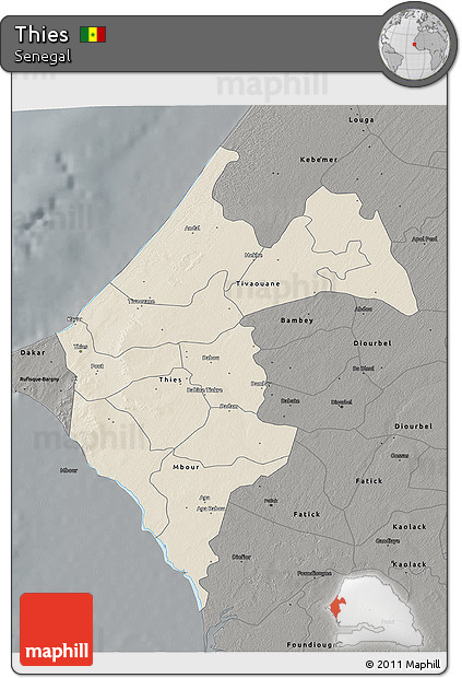Shaded Relief 3D Map of Thies, darken, semi-desaturated