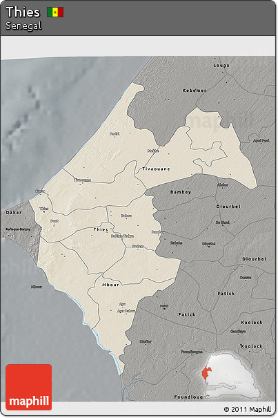 Shaded Relief 3D Map of Thies, darken, semi-desaturated