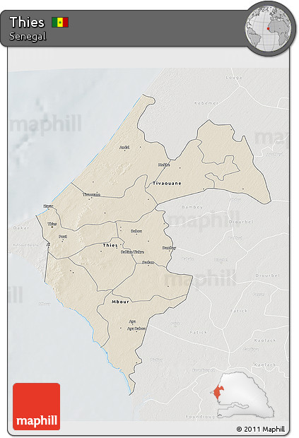 Shaded Relief 3D Map of Thies, lighten, semi-desaturated