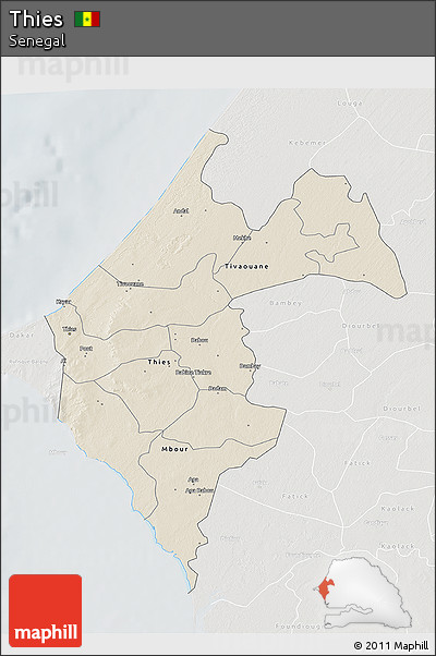 Shaded Relief 3D Map of Thies, lighten, semi-desaturated