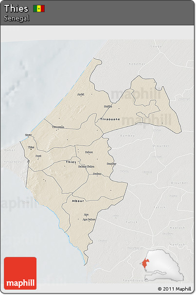 Shaded Relief 3D Map of Thies, lighten, semi-desaturated