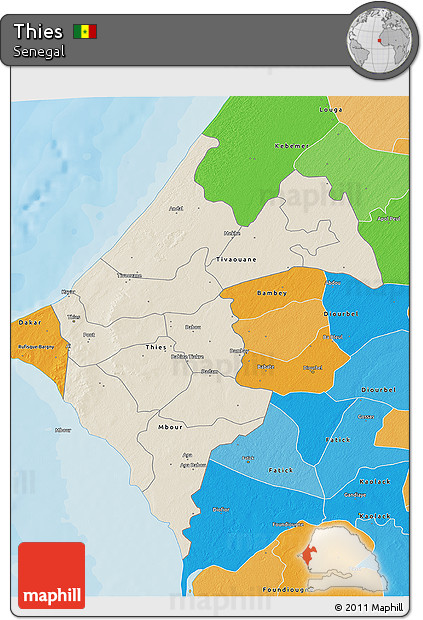 Shaded Relief 3D Map of Thies, political outside