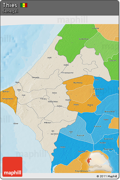 Shaded Relief 3D Map of Thies, political outside