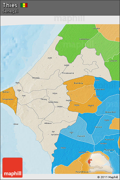 Shaded Relief 3D Map of Thies, political outside