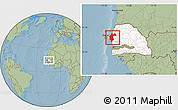 Savanna Style Location Map of Thies, highlighted country, within the entire country, hill shading