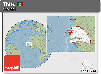 Savanna Style Location Map of Thies, highlighted country, hill shading