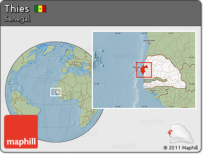 Savanna Style Location Map of Thies, highlighted country, hill shading