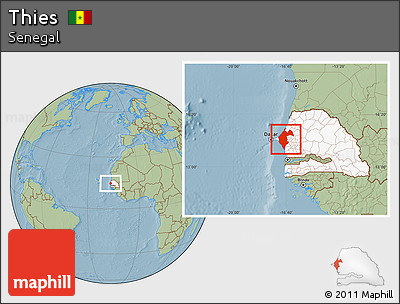 Savanna Style Location Map of Thies, highlighted country, hill shading