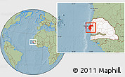 Savanna Style Location Map of Thies, highlighted country, hill shading