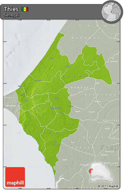 Physical Map of Thies, lighten, semi-desaturated