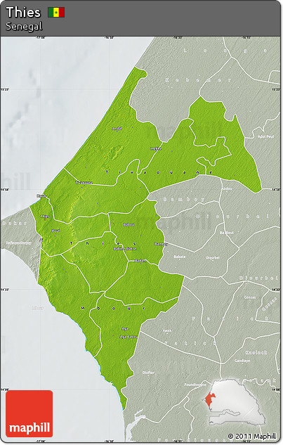 Physical Map of Thies, lighten, semi-desaturated