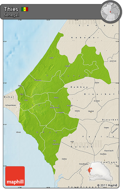 Physical Map of Thies, shaded relief outside