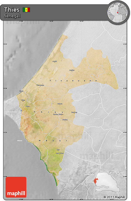 Satellite Map of Thies, lighten, desaturated