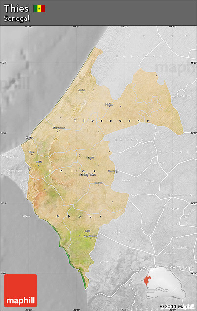 Satellite Map of Thies, lighten, desaturated