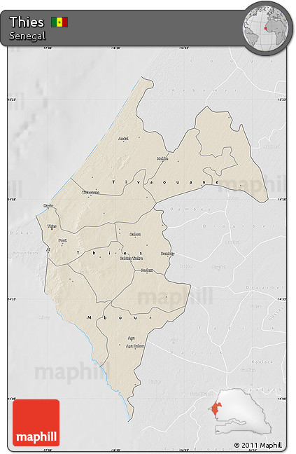 Shaded Relief Map of Thies, lighten, desaturated