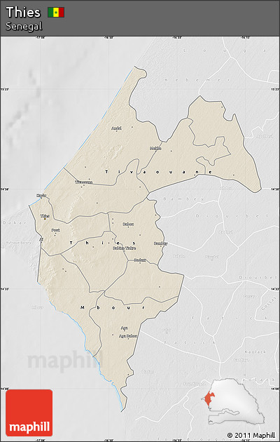 Shaded Relief Map of Thies, lighten, desaturated