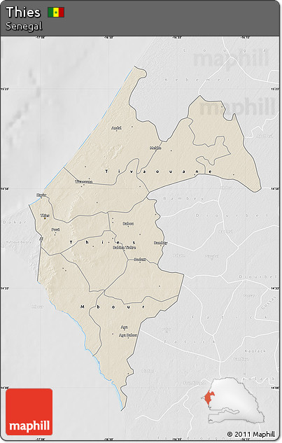 Shaded Relief Map of Thies, lighten, desaturated