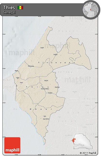 Shaded Relief Map of Thies, lighten, semi-desaturated