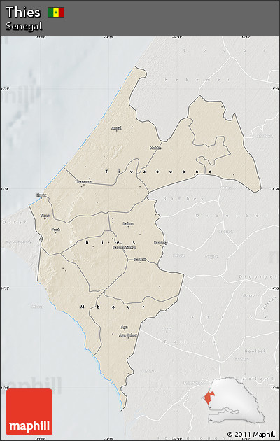 Shaded Relief Map of Thies, lighten, semi-desaturated