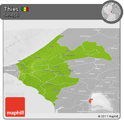 Physical Panoramic Map of Thies, lighten, desaturated