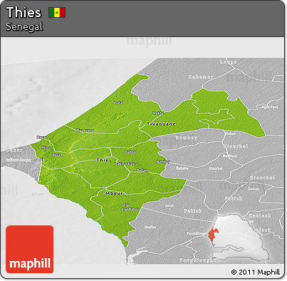 Physical Panoramic Map of Thies, lighten, desaturated
