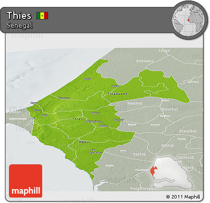 Physical Panoramic Map of Thies, lighten, semi-desaturated