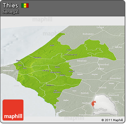 Physical Panoramic Map of Thies, lighten, semi-desaturated