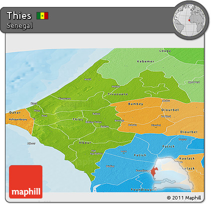 Physical Panoramic Map of Thies, political shades outside