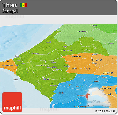Physical Panoramic Map of Thies, political shades outside