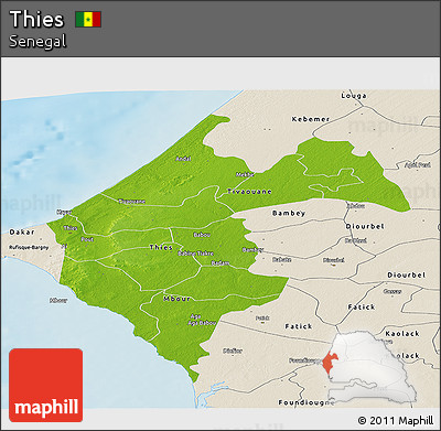 Physical Panoramic Map of Thies, shaded relief outside