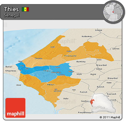 Political Panoramic Map of Thies, shaded relief outside