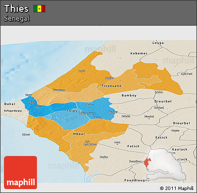 Political Panoramic Map of Thies, shaded relief outside